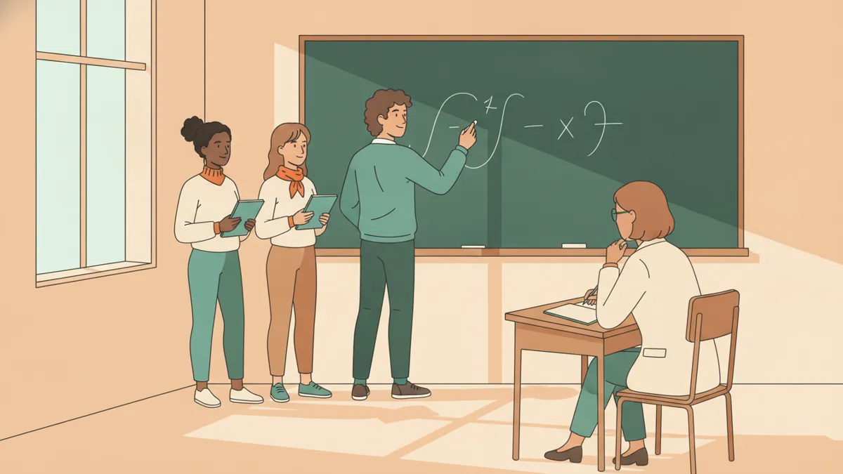 Illustration : dans une petite salle, un élève écrit des courbes et des symboles mathématiques au tableau noir, deux autres attendent leur tour, et une professeure assise à côté l'écoute en prenant des notes.