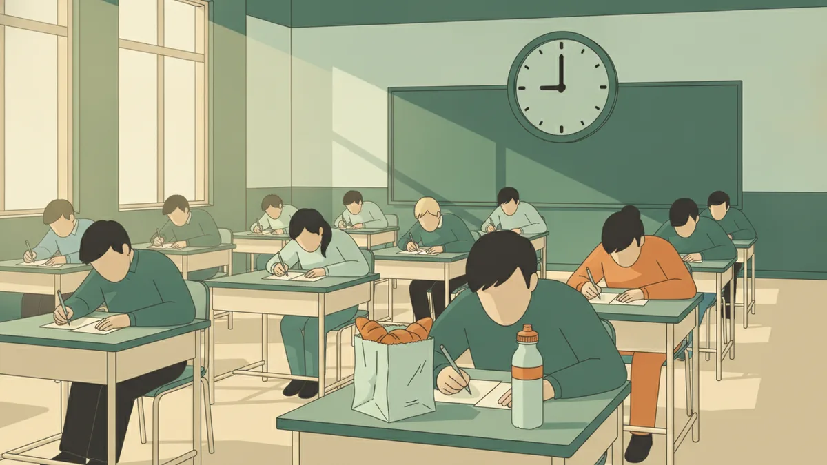 Illustration : un samedi matin, des étudiants composent en silence dans une salle de classe, une horloge murale indique neuf heures, un sachet de croissants et une bouteille d'eau sont posés sur une table.