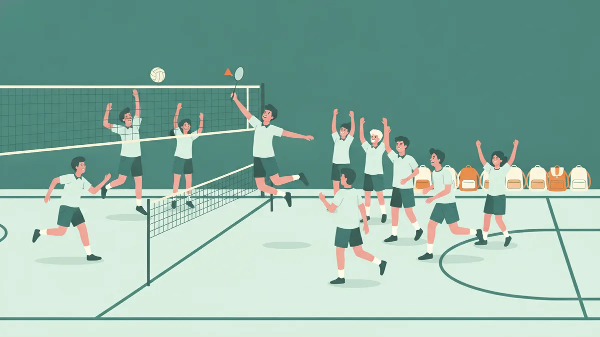 Illustration : à midi, dans un gymnase, des étudiants jouent au volley-ball, l'un saute pour frapper le ballon, d'autres l'encouragent, les sacs alignés le long du mur.