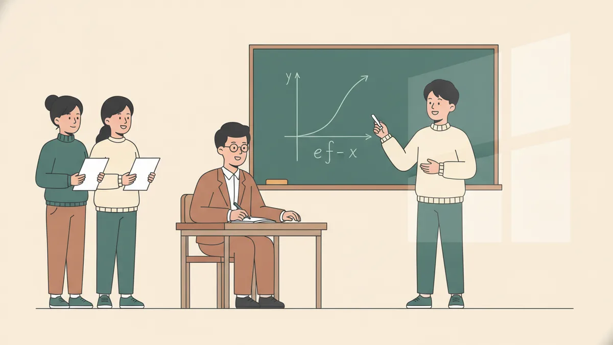Illustration : un étudiant au tableau trace un graphe de fonction pendant qu'une enseignante, assise, l'écoute en prenant des notes ; deux autres étudiants attendent leur tour avec leurs feuilles.