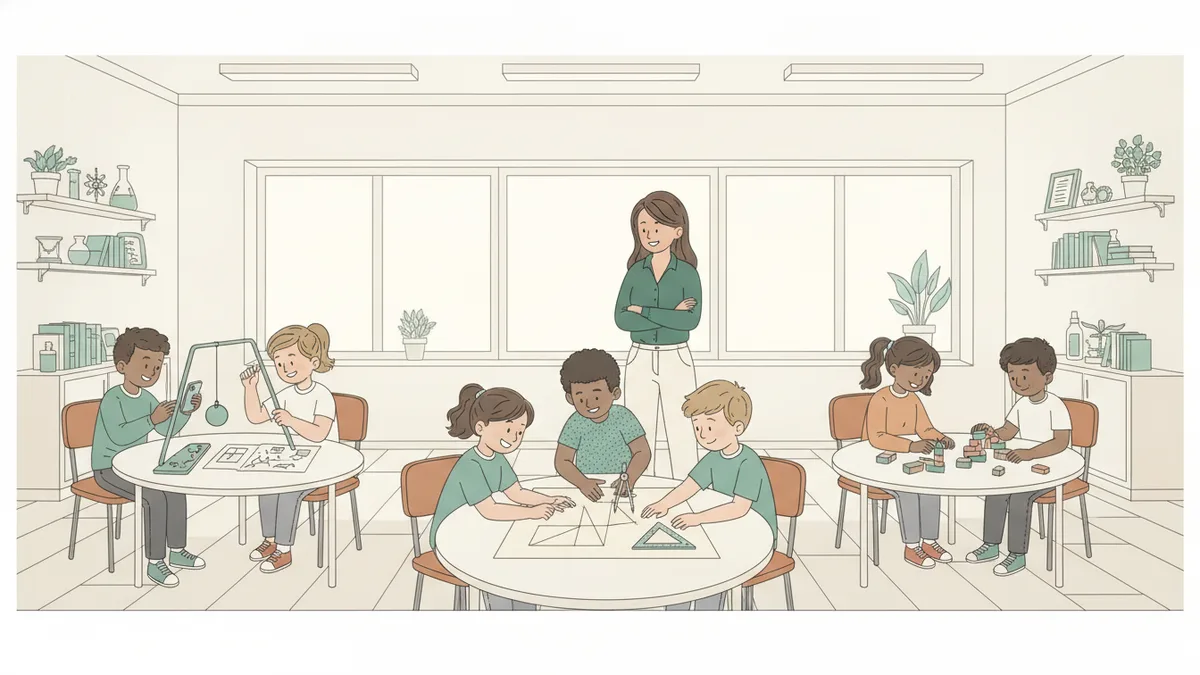 Illustration : par petits groupes, de nouveaux étudiants penchés sur des énigmes scientifiques étalées sur des tables, l'un mesure un pendule, une autre note une idée, un professeur les observe en souriant.