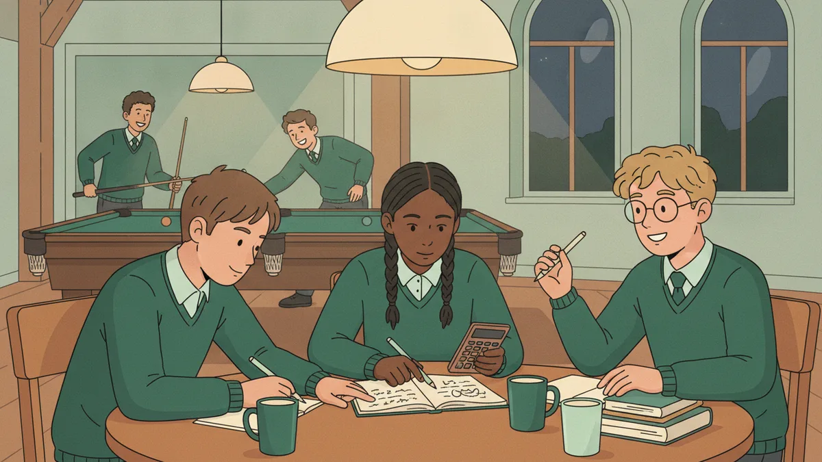 Illustration : le soir, dans le foyer d'un internat, trois étudiants travaillent un exercice de maths sur une table, pendant que deux autres jouent au billard derrière eux.