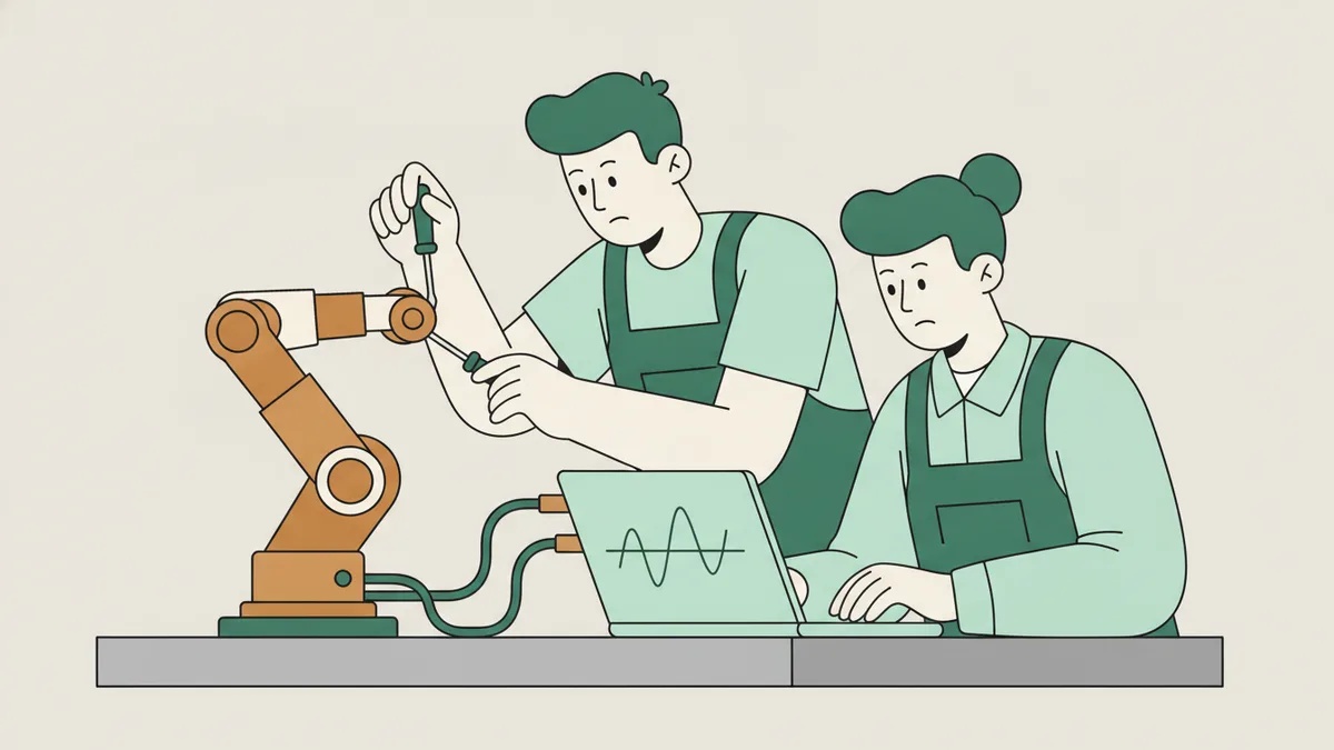 Illustration : gros plan sur deux étudiants en TP de sciences de l'ingénieur, l'un règle un petit bras robotisé, l'autre lit une courbe de mesure sur un ordinateur portable.