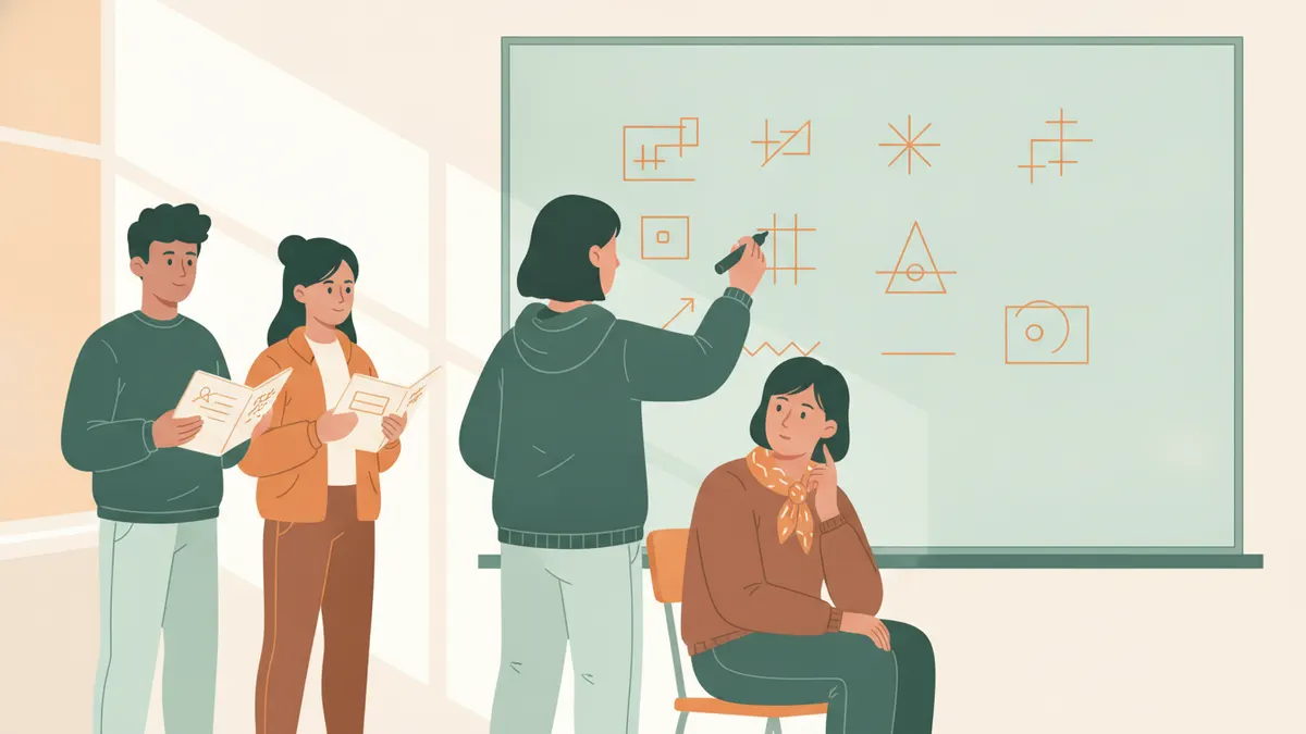 Illustration : une étudiante en sweat à capuche résout un problème de maths au tableau blanc, un professeur assis à côté l'écoute ; deux autres étudiants attendent leur tour, cahier en main.