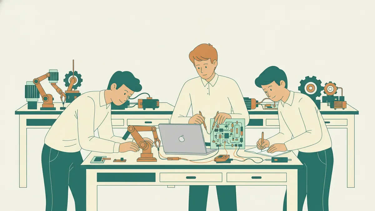 Illustration : trois étudiants autour d'un établi de laboratoire ; l'un règle un petit bras robotisé relié à un ordinateur portable, un autre mesure une carte électronique au multimètre, le troisième prend des notes. Au fond, des moteurs et des engrenages.