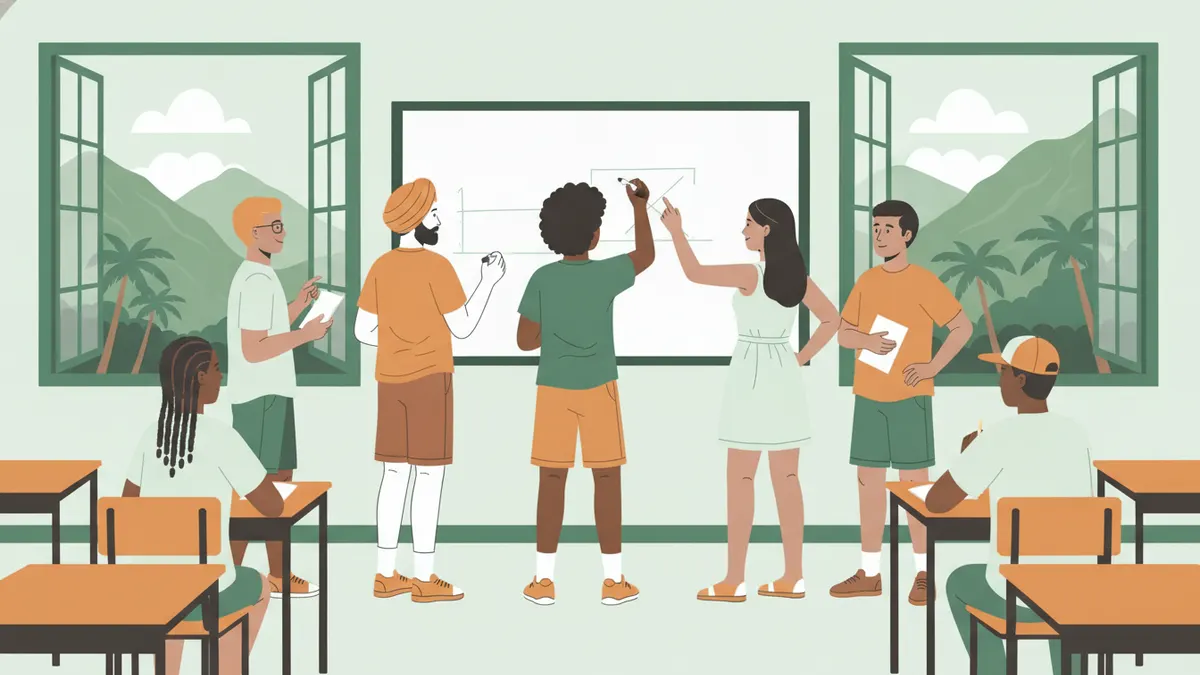 Illustration : un groupe d'étudiants aux origines variées travaille des exercices de physique au tableau blanc ; par les grandes fenêtres ouvertes, des palmiers et des montagnes vertes.
