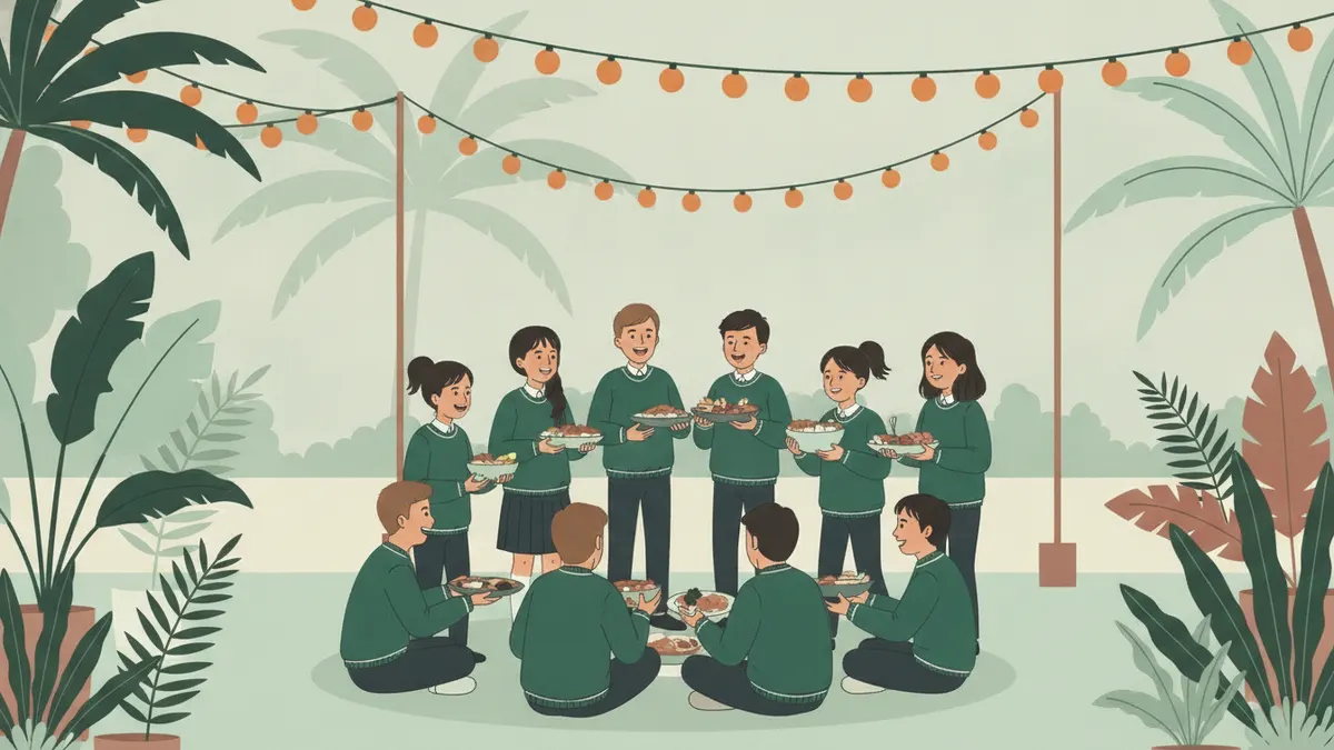 Illustration : le soir, des étudiants en pull de promo vert partagent un repas dans une cour, sous des guirlandes lumineuses, entourés de palmiers et de plantes tropicales.