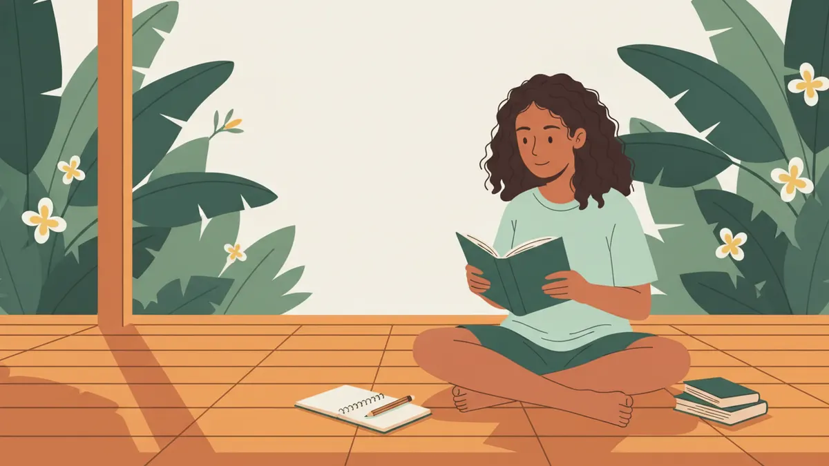 Illustration : sur une véranda ombragée, une lycéenne lit un roman, un crayon et un carnet à côté d'elle, deux autres livres empilés ; autour, un jardin tropical.