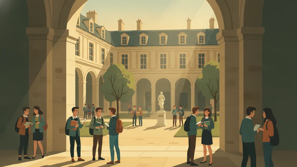 Illustration : la cour d'honneur d'un très ancien lycée parisien, arcades de pierre, groupes d'étudiants qui discutent avec des sacs à dos, lumière de fin d'après-midi.