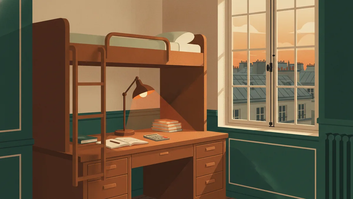 Illustration : une petite chambre d'internat, lit en mezzanine au-dessus d'un grand bureau, lampe allumée, cahiers et calculatrice, fenêtre sur des toits en zinc au crépuscule.