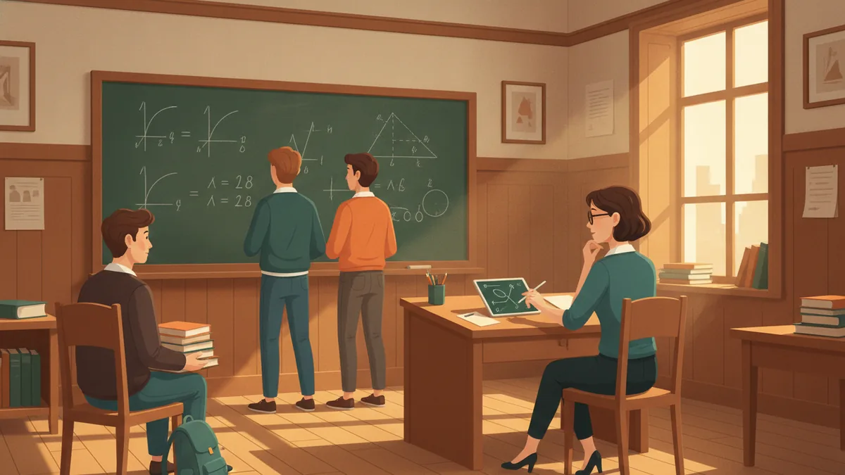 Illustration : une interrogation orale de mathématiques dans une petite salle ancienne, deux étudiants au tableau vert, une professeure assise qui écoute, un troisième étudiant qui attend.