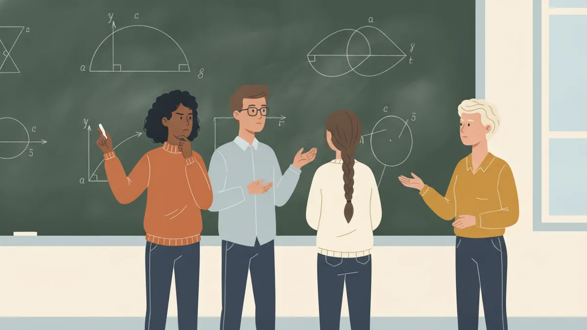 Illustration : trois étudiants debout devant un grand tableau vert couvert de courbes et de figures mathématiques ; un enseignant les écoute et leur pose une question.