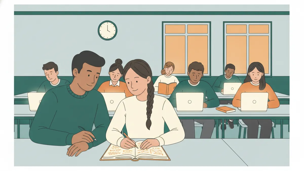 Illustration : une étude du soir dans une salle de classe ; une enseignante est assise à côté d'une étudiante pour l'aider sur un exercice, pendant que d'autres travaillent en silence.