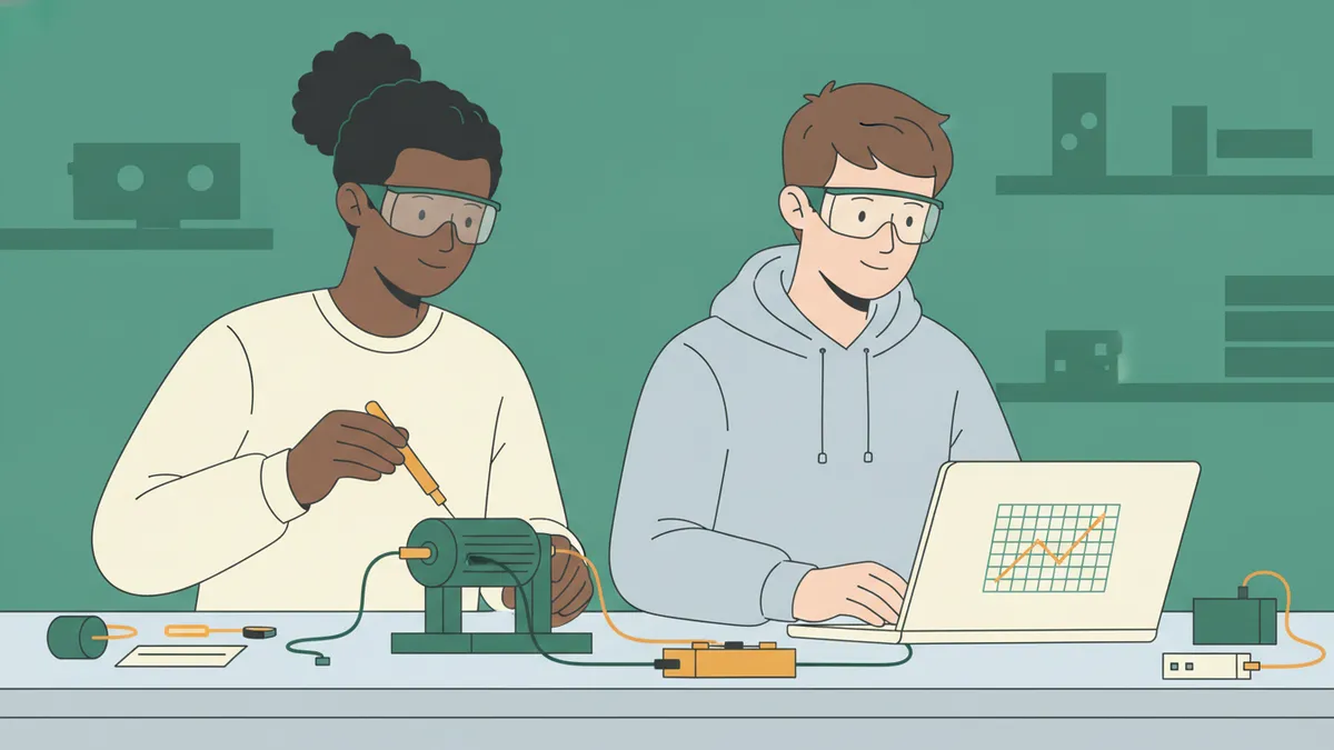 Illustration : deux étudiants en lunettes de protection mesurent un petit système mécanique motorisé avec des capteurs ; un ordinateur portable affiche une courbe.