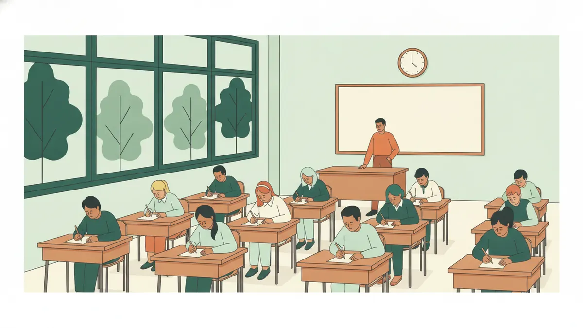 Illustration : une salle de classe calme, une quinzaine d'étudiants écrivent un long devoir sur table, un professeur surveille au fond, une horloge au mur, de grandes fenêtres donnant sur des arbres.