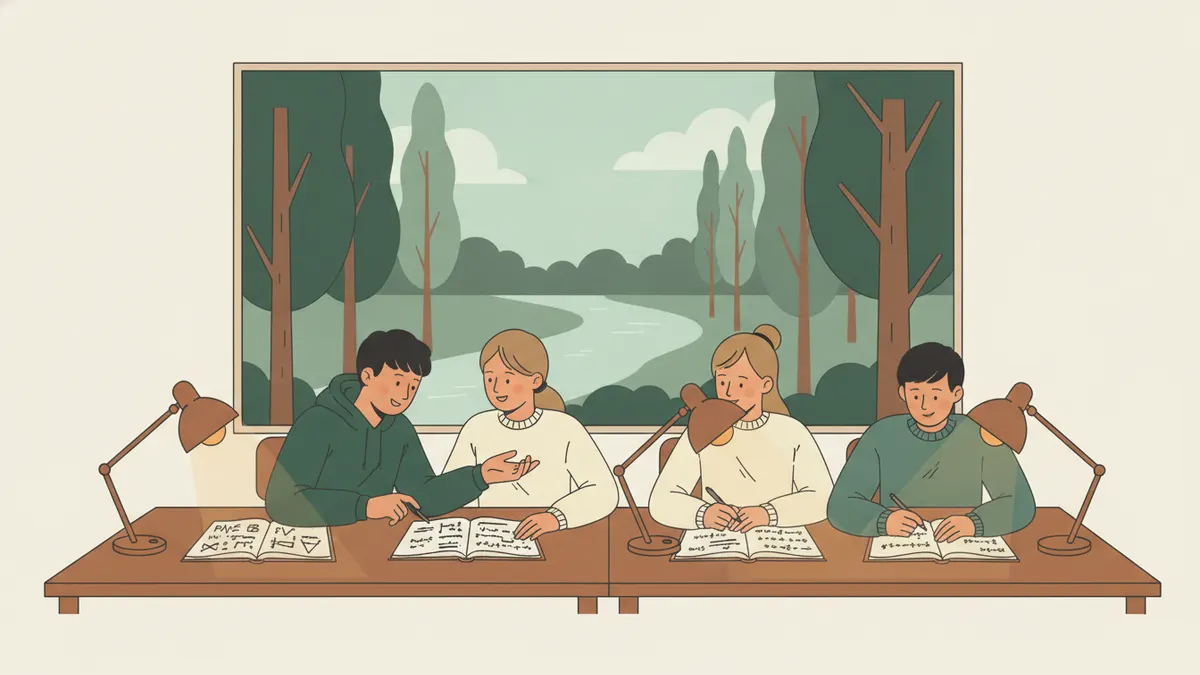 Illustration : le soir, quatre étudiants travaillent à de longues tables dans une salle d'étude, sous des lampes de bureau ; l'un explique un exercice à son voisin ; par la fenêtre, des arbres au bord d'une rivière au crépuscule.