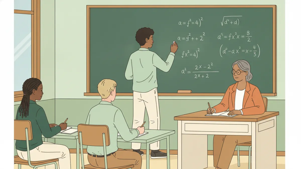 Illustration : un élève écrit une démonstration à la craie sur un grand tableau vert couvert d'équations, devant une professeure assise à son bureau qui prend des notes ; deux autres élèves préparent leur exercice à une table.