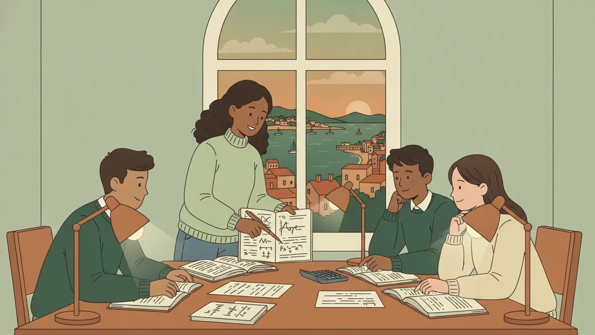 Illustration : le soir, dans une salle d'étude d'internat, quatre élèves de prépa travaillent ensemble autour d'une table couverte de cahiers de maths et de physique sous des lampes de bureau ; par la fenêtre, un port au crépuscule.