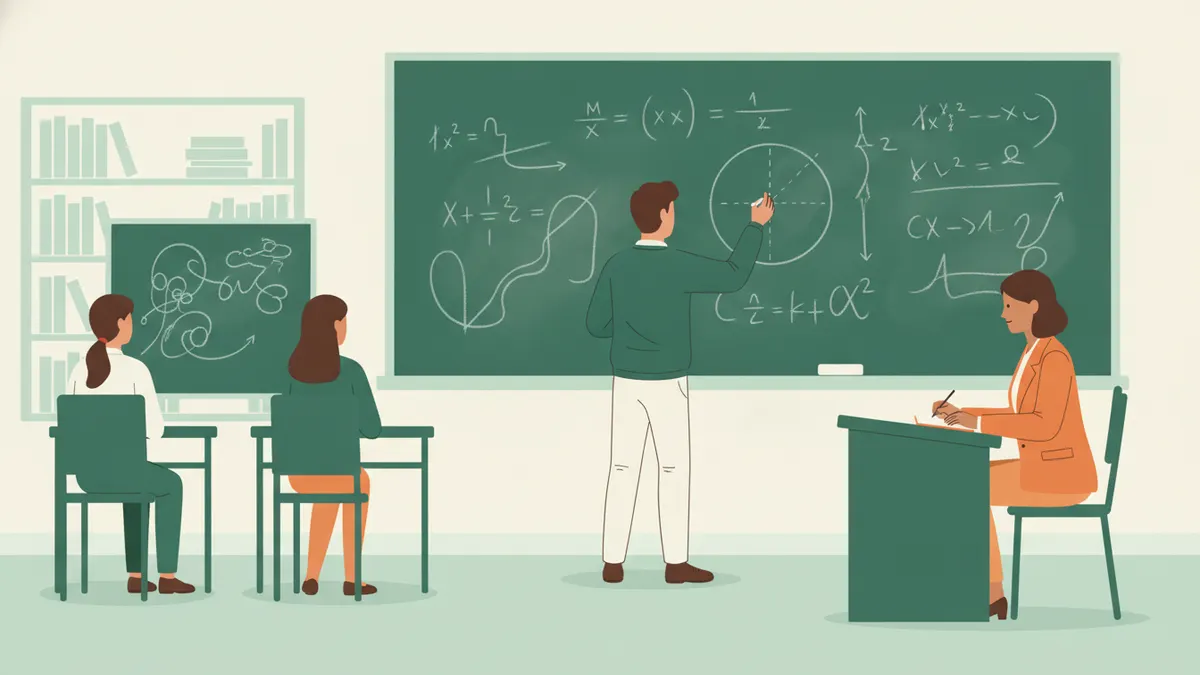 Illustration : dans une salle de classe, un étudiant écrit une démonstration à la craie sur un grand tableau couvert d'équations, devant une professeure assise qui prend des notes ; deux autres élèves préparent leur exercice.