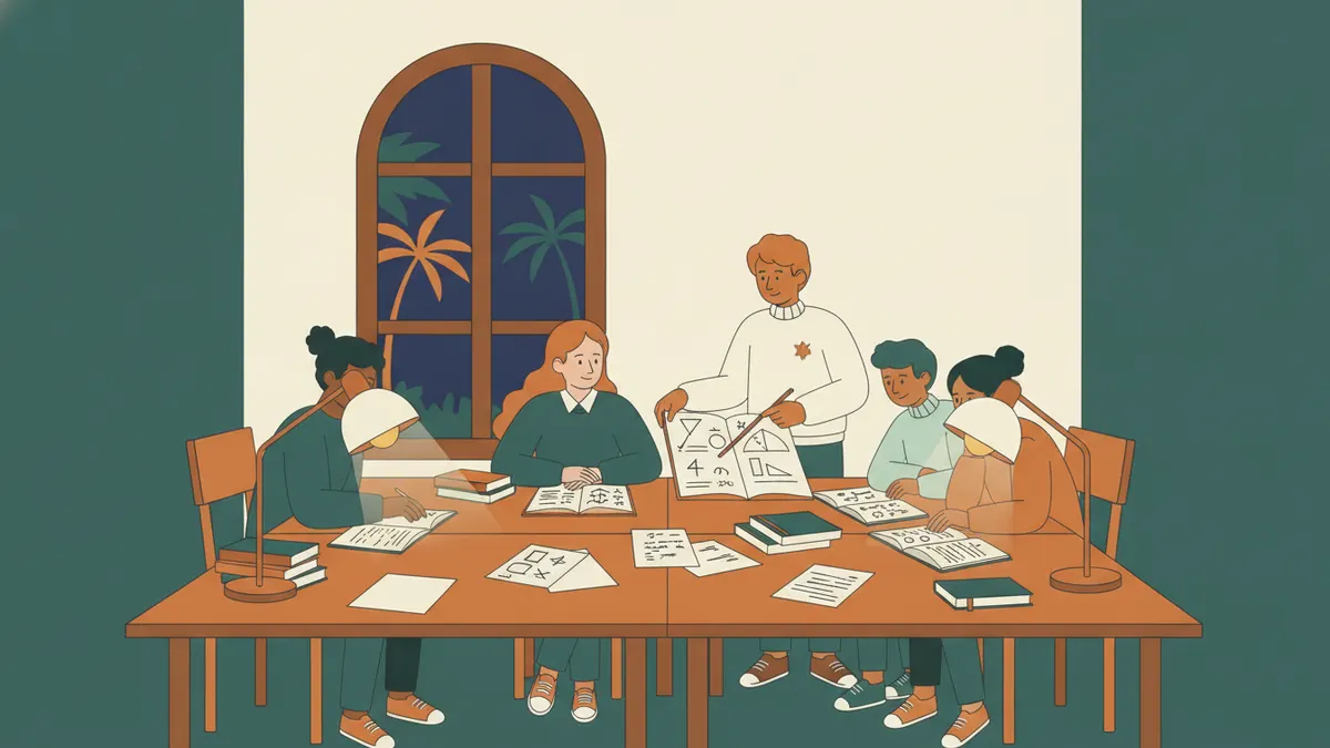 Illustration : le soir, dans une salle d'études, quatre élèves de prépa travaillent ensemble autour de tables couvertes de cahiers ; l'un explique un schéma de physique aux autres sous des lampes de bureau, avec des palmiers dans la nuit derrière la fenêtre.