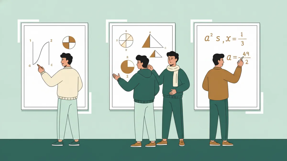 Illustration : trois étudiants résolvent chacun un exercice différent sur trois tableaux blancs côte à côte, l'un trace une courbe, un autre une figure géométrique ; un enseignant derrière eux donne un conseil.