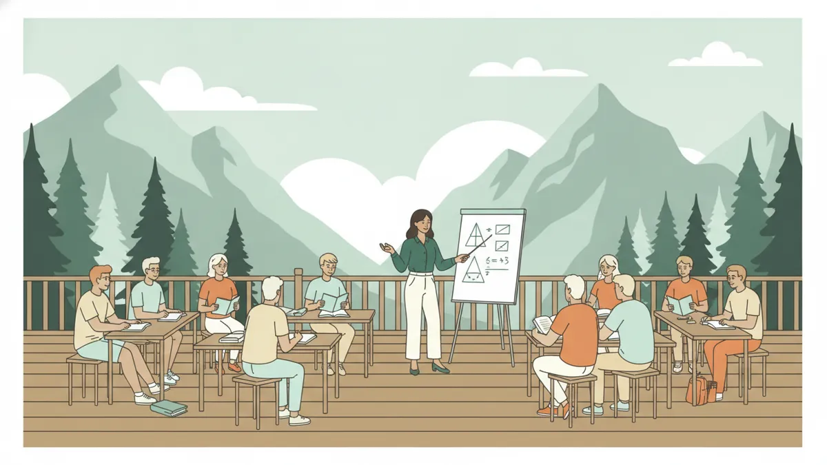 Illustration : sur la terrasse en bois d'un chalet de montagne, entourée de sapins et de sommets, une classe d'étudiants en tenue d'été travaille à de petites tables pendant qu'une professeure explique un exercice sur un tableau à pied.