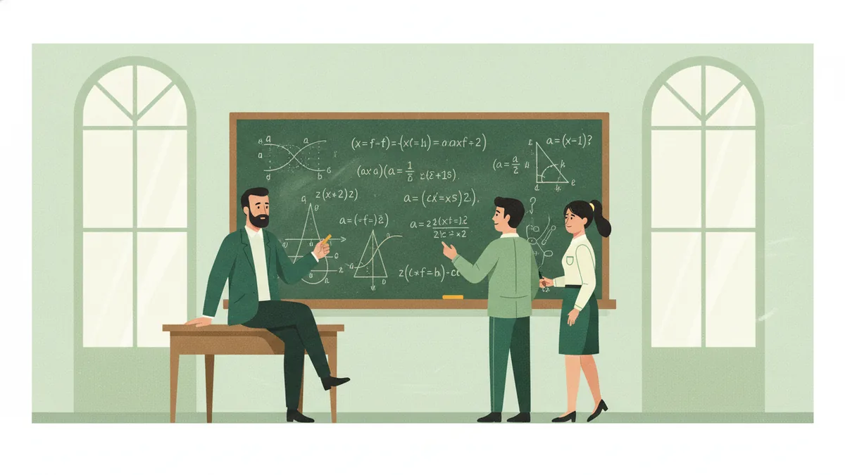 Illustration : une salle aux hautes fenêtres en arc, deux étudiants au tableau couvert d'équations, un professeur assis sur le coin du bureau les interroge, craie à la main.