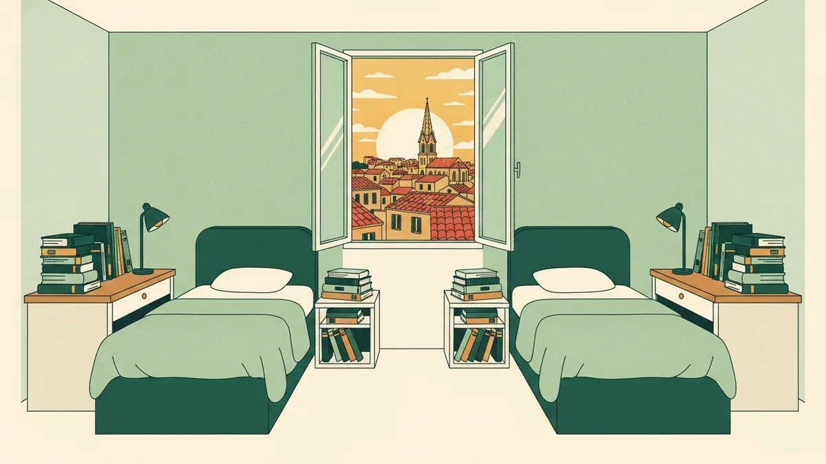 Illustration : une chambre d'internat pour deux, deux lits et deux bureaux à lampe couverts de livres, une fenêtre ouverte sur les toits de tuiles de Marseille et un clocher au soleil couchant.