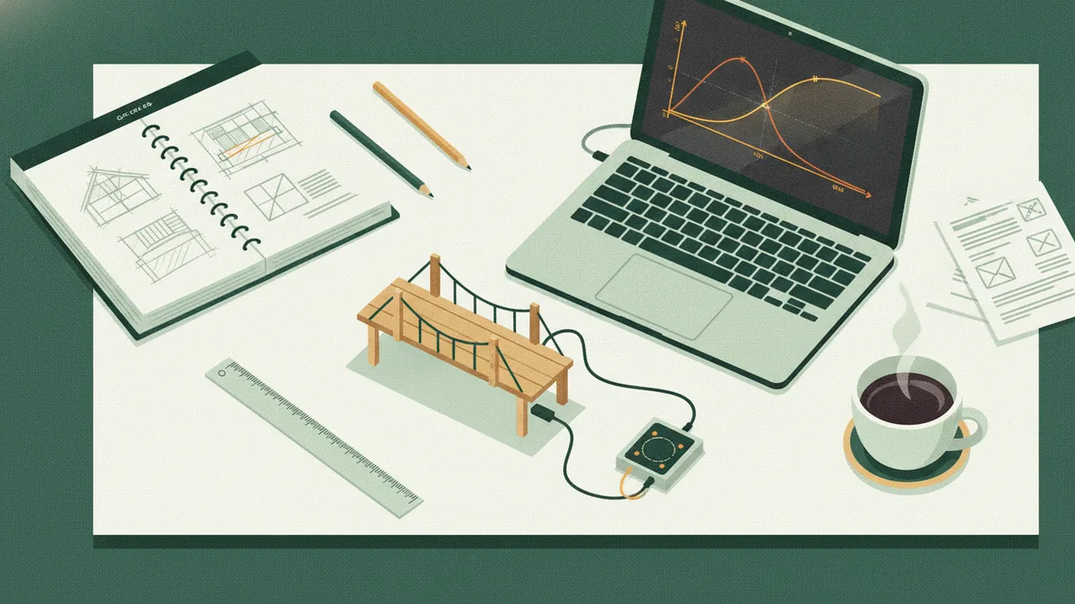 Illustration en plongée : un bureau avec une petite maquette de pont en bois reliée à un capteur et à un ordinateur portable qui affiche une courbe, un carnet de croquis, une règle et un café.