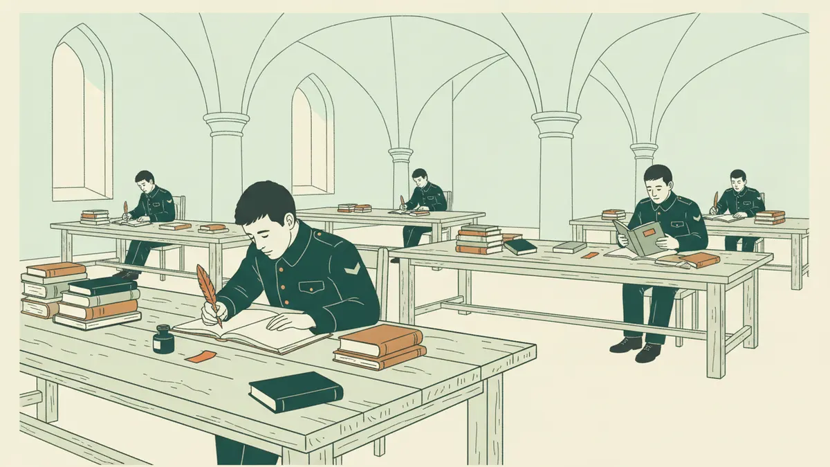 Illustration : dans une bibliothèque voûtée, des étudiants en uniforme bleu marine travaillent à de longues tables en bois couvertes de livres ; au premier plan, l'un rédige une dissertation à la main.