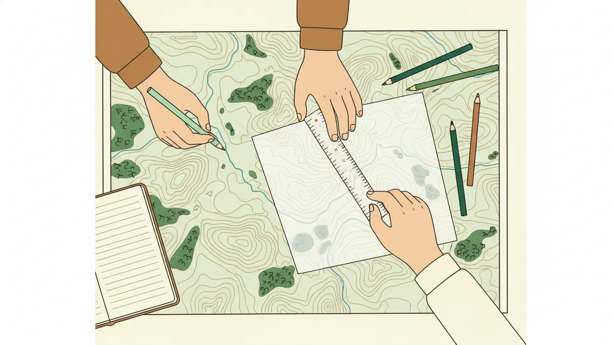 Illustration vue de dessus : deux paires de mains travaillent sur une grande carte topographique couverte de courbes de niveau et de forêts ; crayons de couleur, règle, papier calque et carnet ouvert ; une main suit le tracé d'une rivière.