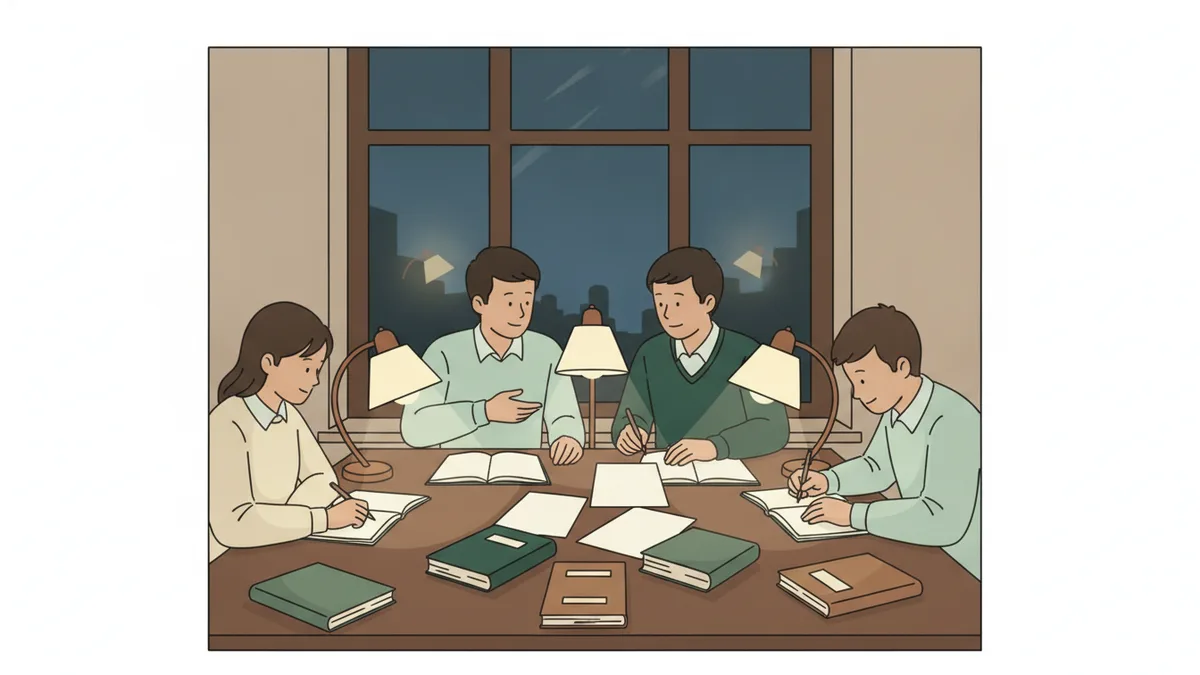 Illustration : le soir, dans une bibliothèque calme aux lampes allumées, quatre étudiants travaillent autour d'une grande table ; l'un explique un exercice de maths à une camarade sur une feuille, les deux autres écrivent.