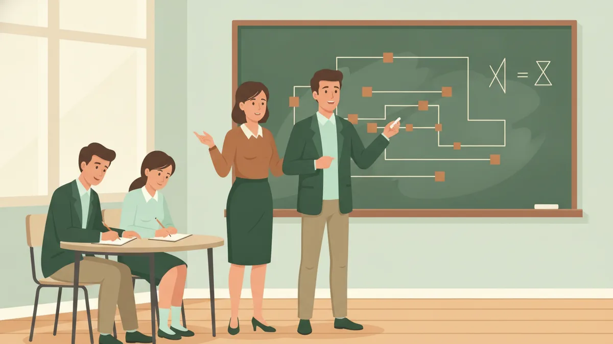 Illustration : un étudiant au tableau noir trace un schéma de circuit électrique et une équation ; deux camarades assis prennent des notes, une professeure debout lui pose une question.