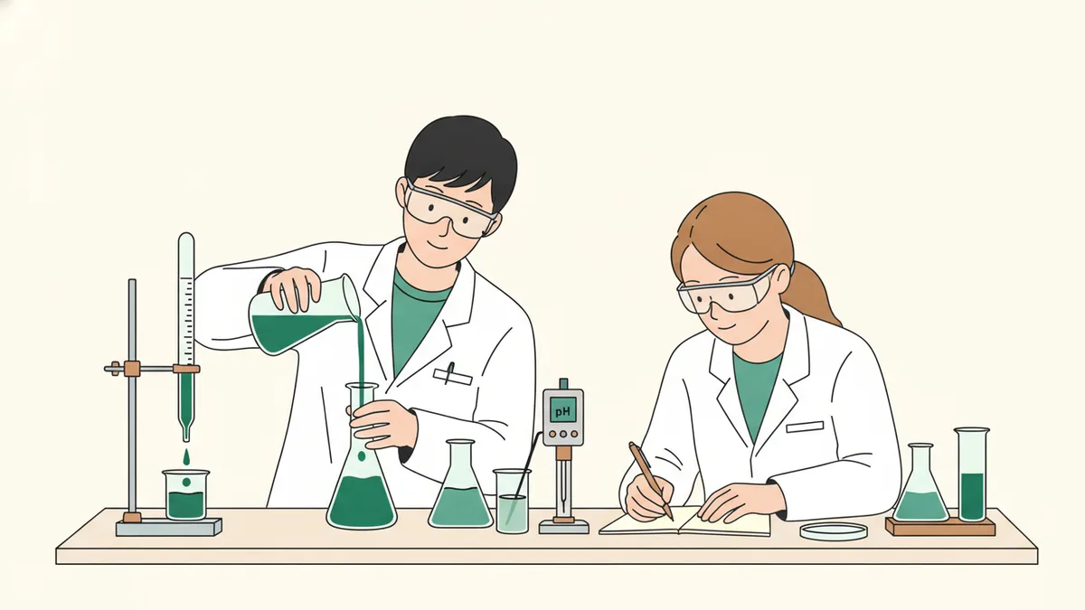 Illustration : deux étudiantes en blouse blanche et lunettes de protection à une paillasse de chimie ; l'une verse doucement une solution dans une fiole, l'autre note une mesure dans un cahier.
