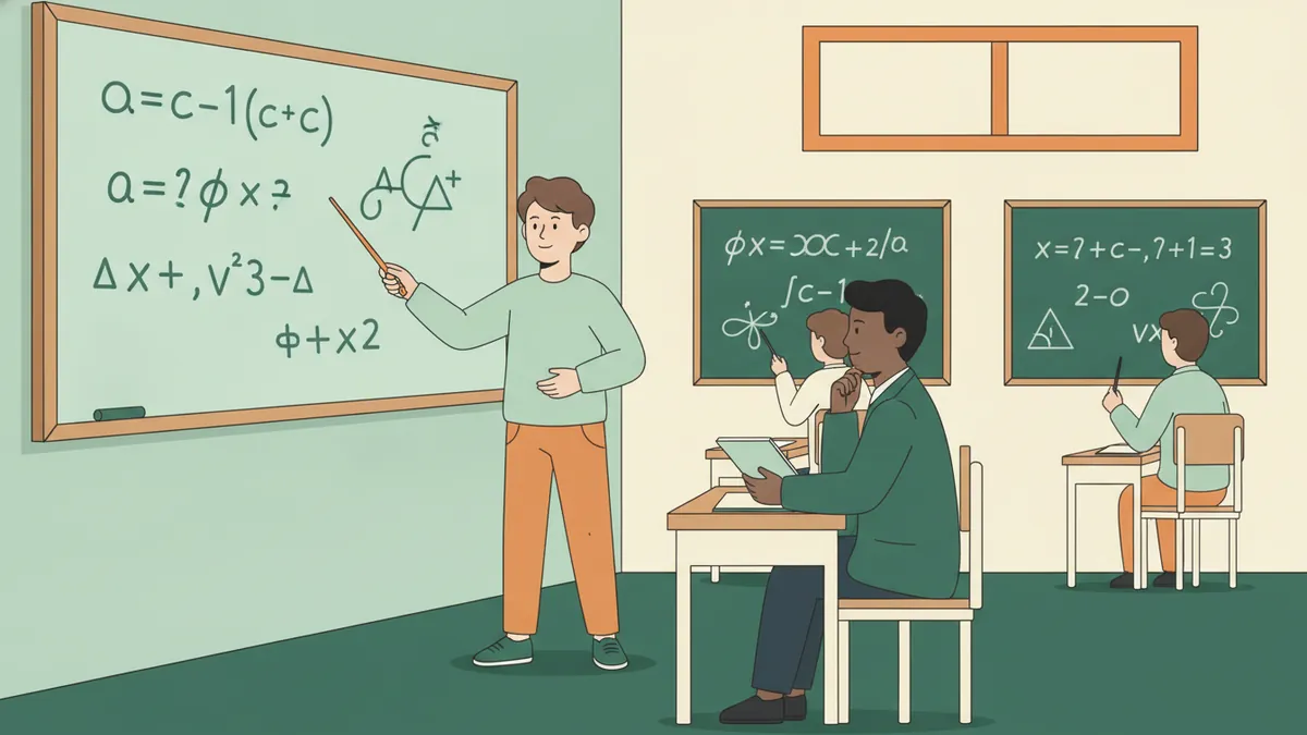 Illustration : dans une petite salle, un étudiant au tableau explique un problème de physique couvert de courbes et de symboles à un professeur assis qui l'écoute ; deux autres étudiants travaillent à leur propre tableau au fond.