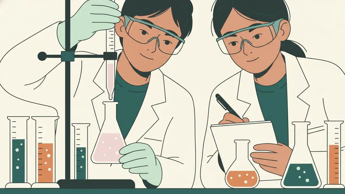 Illustration : gros plan sur deux étudiants en blouse et lunettes de protection pendant un TP de chimie ; l'un lit le niveau d'une burette au-dessus d'un erlenmeyer rose pâle, l'autre note les résultats.
