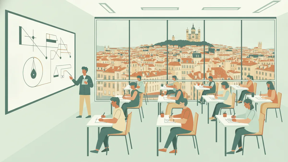 Illustration : une grande salle de classe lumineuse où une quarantaine d'étudiants prennent des notes face à un professeur qui écrit des équations et le schéma d'un pendule au tableau ; par les baies vitrées, les toits de Lyon et une colline surmontée d'une basilique.