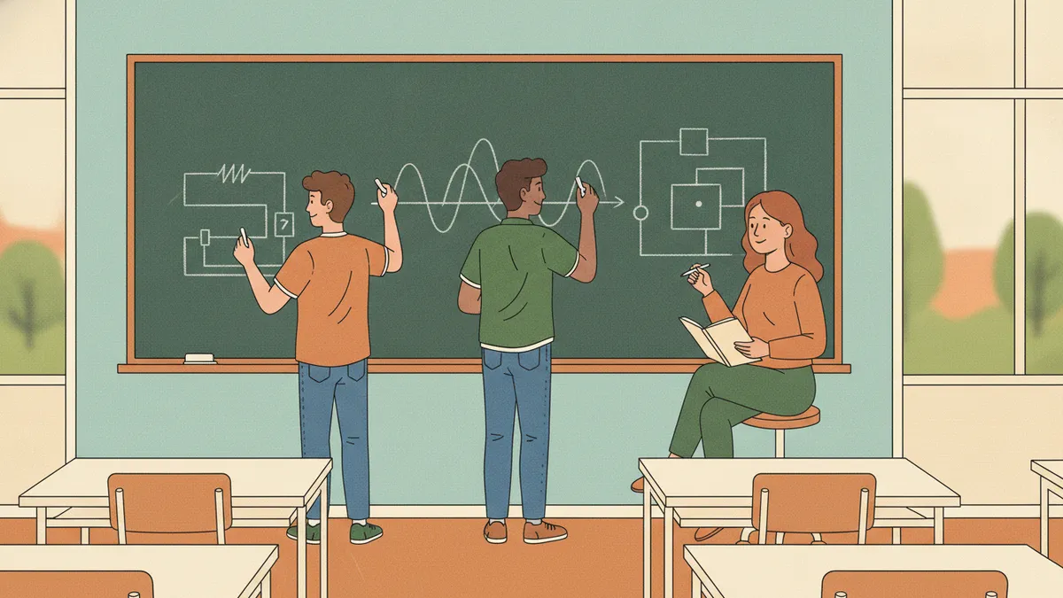 Illustration : trois élèves debout côte à côte au tableau noir, chacun résout un exercice de physique avec des schémas de circuits et d'ondes, pendant qu'une enseignante assise les écoute, un carnet à la main.