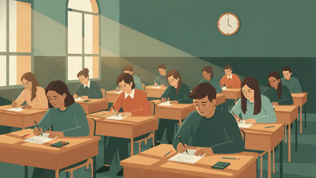 Illustration : une salle de classe un samedi matin, des rangées d'élèves concentrés écrivent sur leurs copies, calculatrices posées sur les tables, lumière du matin par de hautes fenêtres et une horloge au mur.