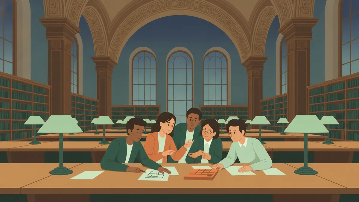 Illustration : le soir, dans la grande salle de lecture d'une bibliothèque historique aux longues tables en bois et aux lampes vertes, un petit groupe d'étudiants travaille ensemble sur des exercices de physique.