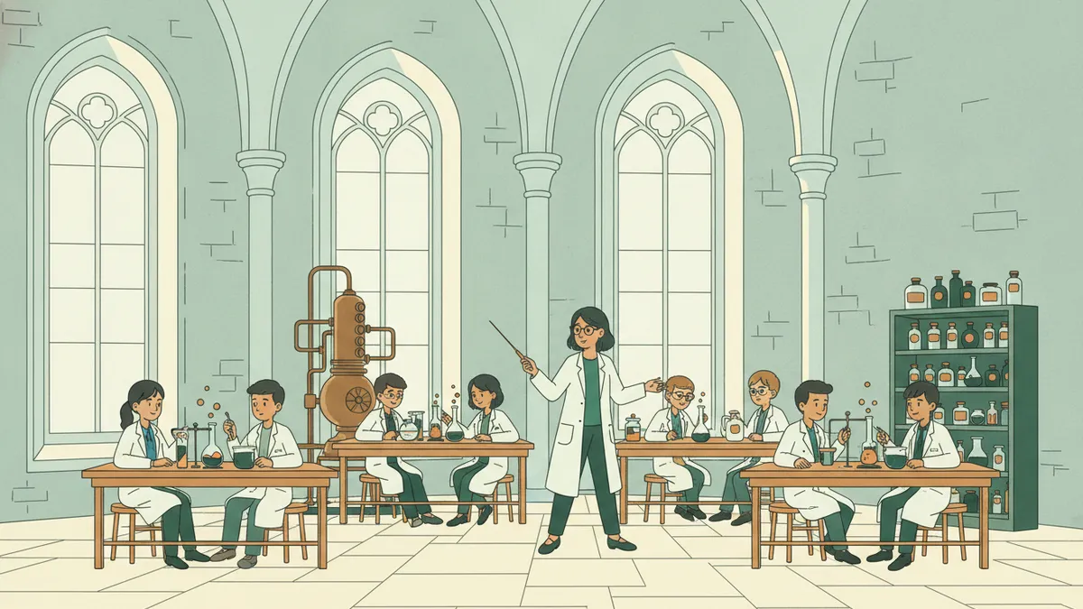 Illustration : un laboratoire de chimie installé dans un bâtiment ancien en pierre, avec de hautes fenêtres en arc ; des binômes d'étudiants en blouse travaillent à leurs paillasses pendant qu'une professeure circule entre eux.