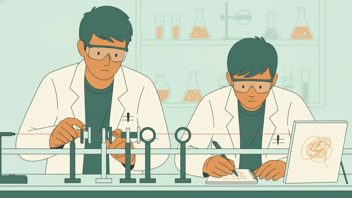 Illustration : deux étudiants en blouse et lunettes de protection font un TP d'optique ; l'un règle une lentille sur un banc optique traversé par un fin rayon laser rouge, l'autre prend des notes.
