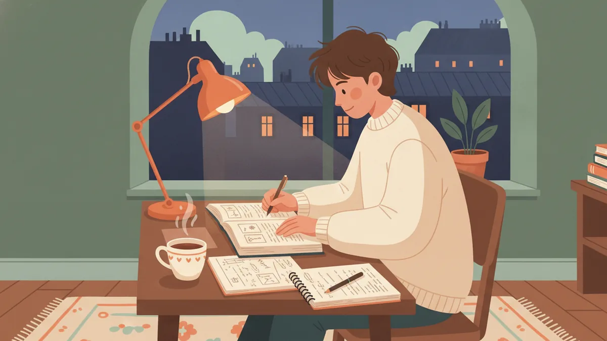 Illustration : le soir, un étudiant révise à son bureau dans une petite chambre, sous une lampe orange, une tasse de thé fumante à côté de ses cahiers ; par la fenêtre, les toits de Paris.