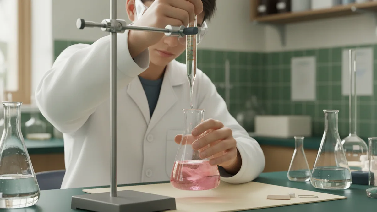 Illustration : un étudiant en blouse et lunettes de protection réalise un titrage à la burette au-dessus d'un erlenmeyer rose, paillasse de laboratoire carrelée de vert.