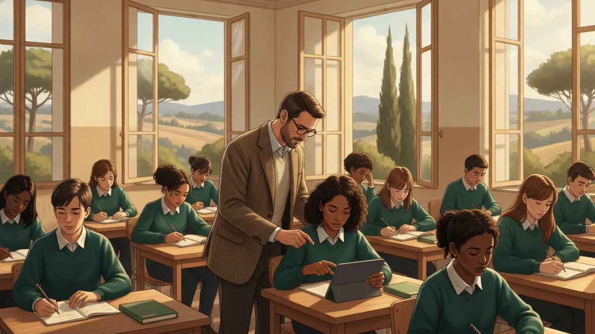 Illustration : une petite classe de prépa dans une salle lumineuse, fenêtres ouvertes sur des collines de Provence, un professeur se penche pour aider une étudiante.
