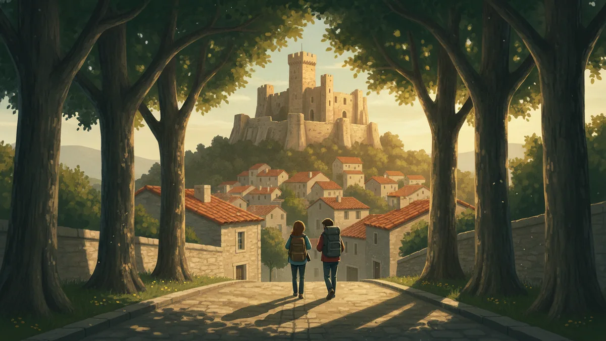 Illustration : une rue en pente bordée de platanes dans une petite ville de Provence, un château médiéval sur une butte au-dessus des toits de tuiles, deux étudiants montent avec des sacs à dos.