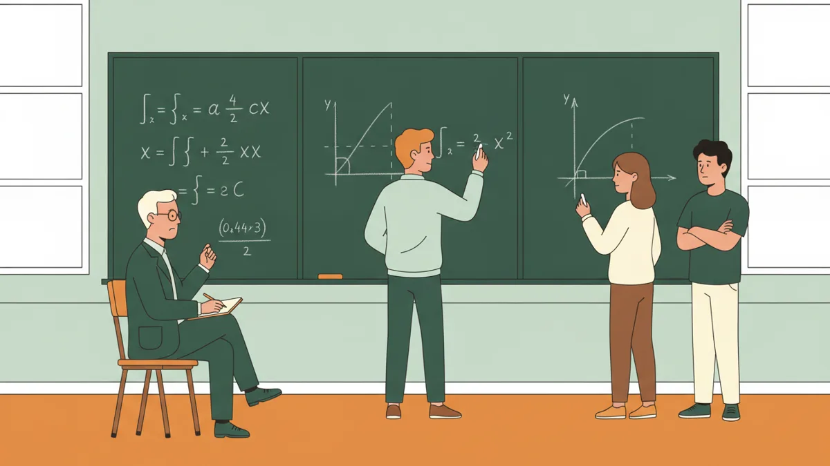 Illustration : pendant une colle, trois étudiants se tiennent devant un grand tableau vert couvert d'intégrales et d'un graphique ; l'un écrit à la craie en expliquant, pendant qu'un professeur assis les écoute en prenant des notes.