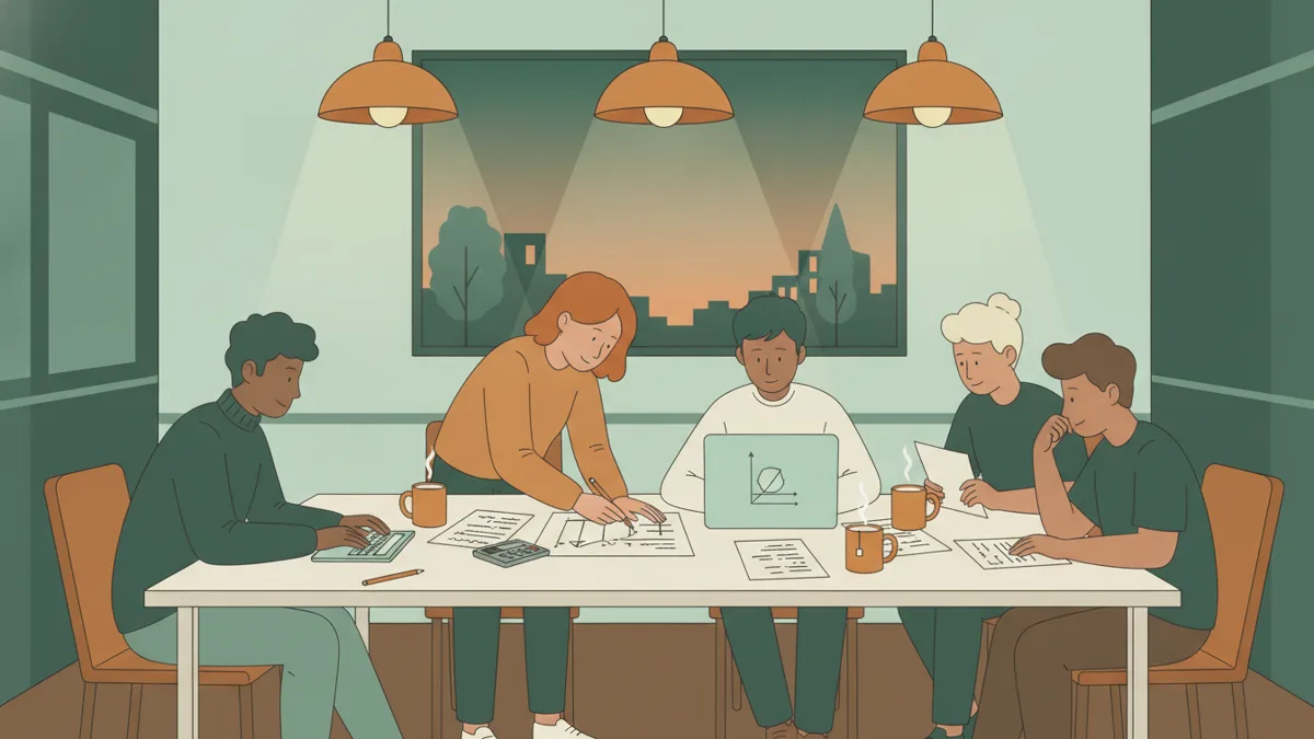 Illustration : le soir, dans une salle commune éclairée par des lampes suspendues, cinq étudiants travaillent ensemble autour d'une grande table couverte de feuilles, d'une calculatrice et de tasses ; l'un dessine un schéma pour expliquer un exercice à un autre.