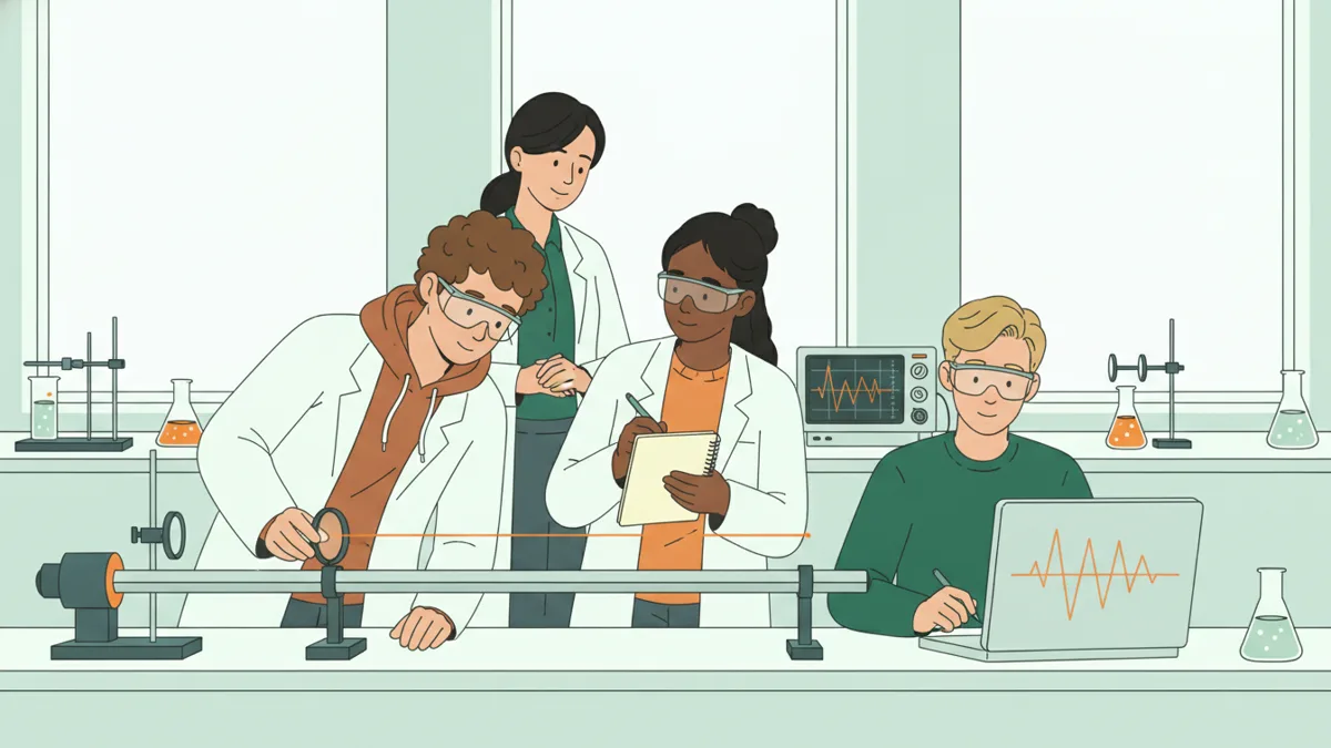 Illustration : dans un laboratoire lumineux, des étudiants en blouse et lunettes de protection règlent un banc d'optique traversé par un faisceau laser, pendant qu'une camarade note les mesures et qu'un autre lit une courbe sur un écran.