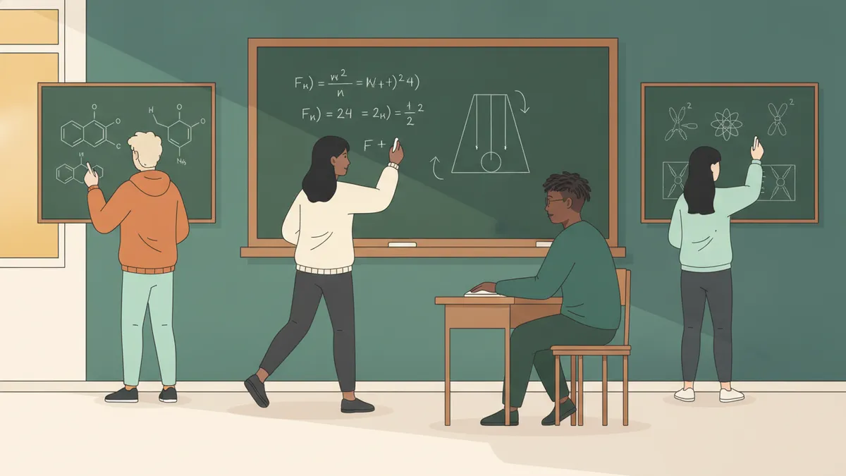 Illustration : dans une salle de classe, une étudiante écrit des équations et le schéma d'un pendule au tableau, face à un professeur assis à une petite table ; deux autres étudiants travaillent chacun sur leur propre partie de tableau.